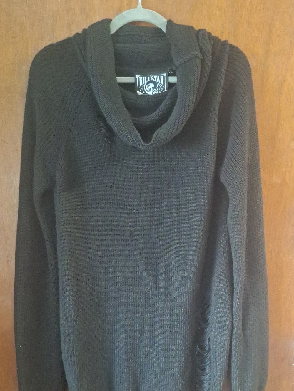 Killstar Black Distressed Cowl Neck Sweater Long Tunic Sz L Side Vents NWT